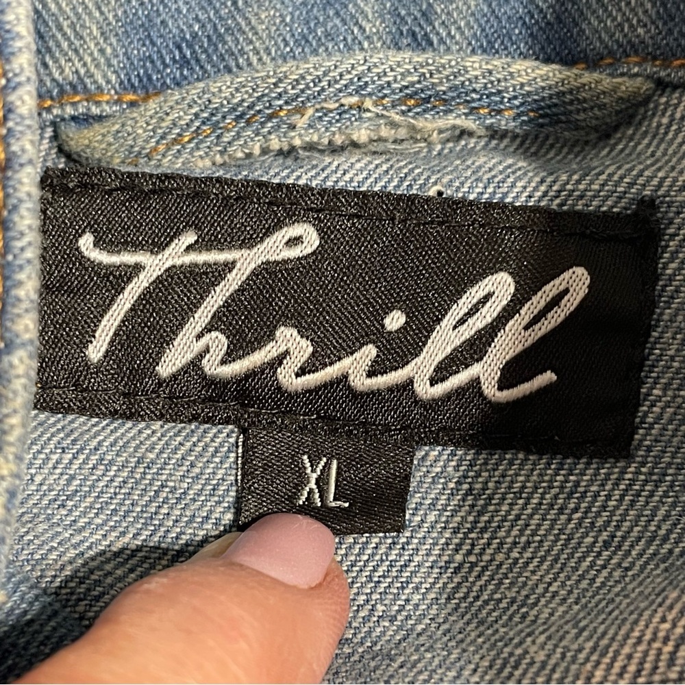 Thrill Jean Jacket with custom Red Floral & snake patches. Size XL. Distressed - Picture 6 of 15